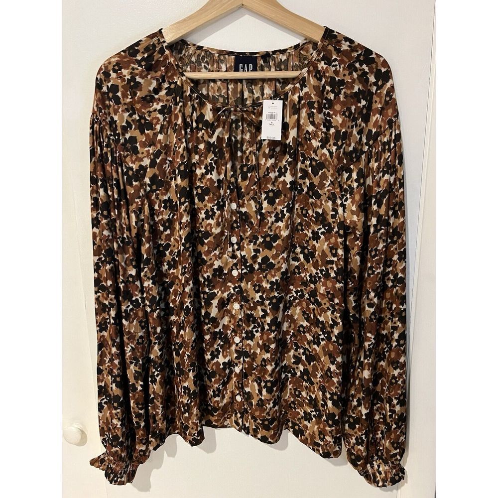 NWT Gap Women's Small Tall Button‎ Brown Front Tie Floral Long Sleeve